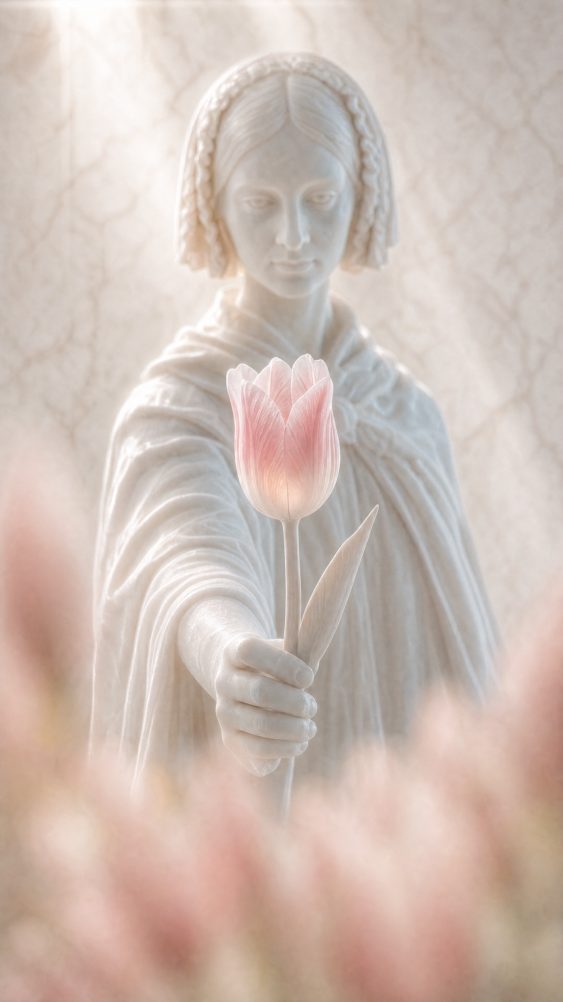 Marmeren figuur biedt een roze tulp aan.