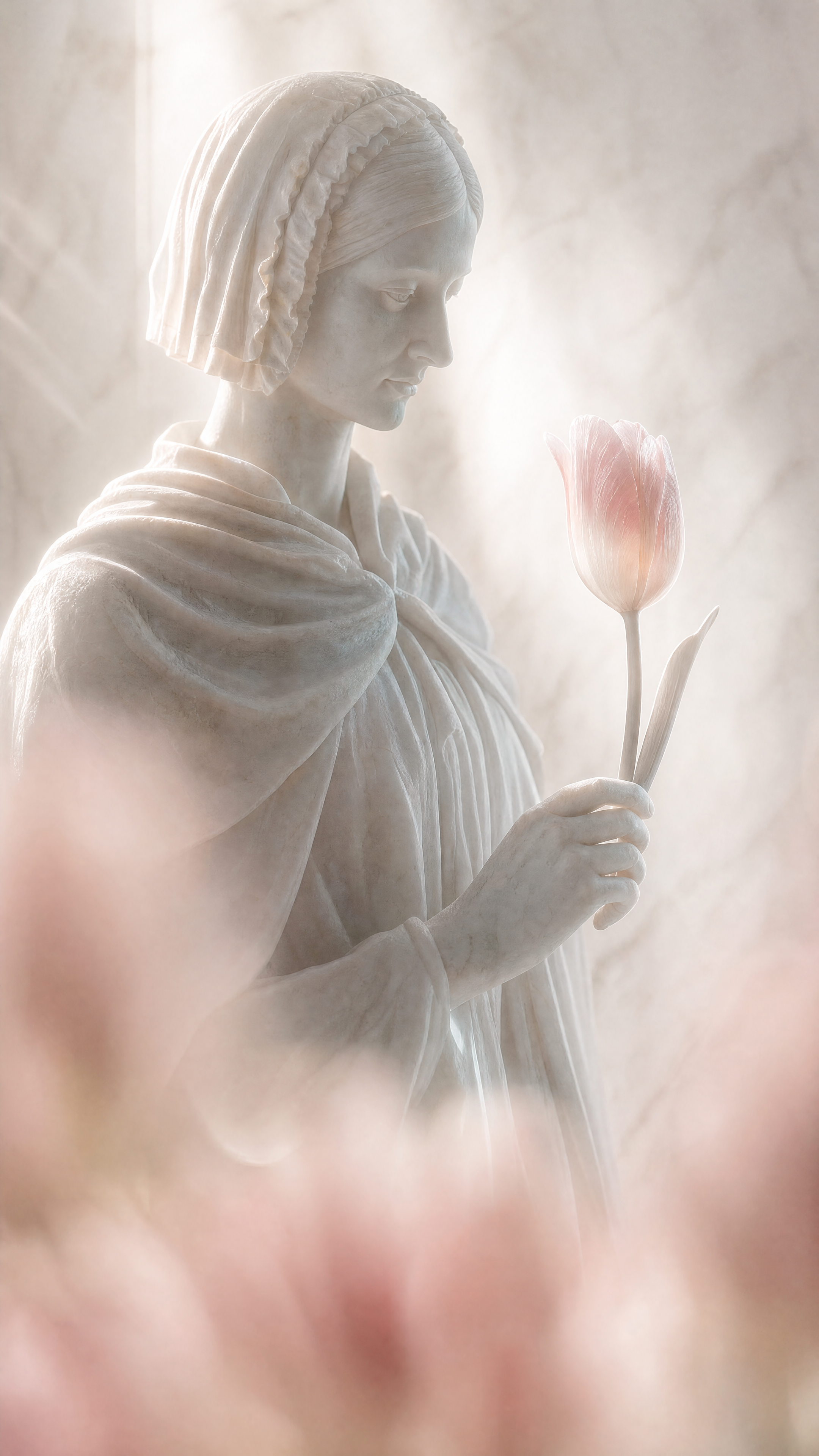 Marmeren figuur in volle gestalte met tulp in zacht licht.